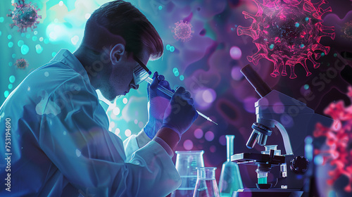 A virologist researching viruses and viral diseases to develop vaccines and treatments — formulas and calculations, precise calculation, assembly and testing