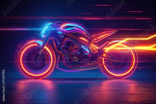 Abstract side view illustration of glowing neon yellow blue orange and purple futuristic motorcycle in motion on blurred background