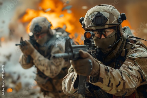 Military soldiers with guns, wearing helmets and protective gear, standing in a war zone with debris and explosions in the background