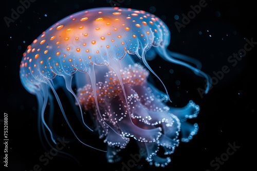 An image focusing on a single jellyfish with glowing spots, standing out against a dark aquatic backdrop