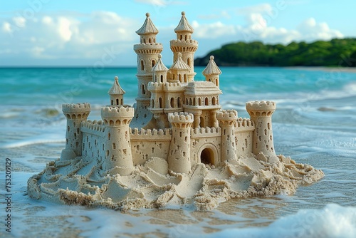 Luxurious and elaborate sand castle on a coastal beach, splendid against the blue sky, embodies creativity and dreams