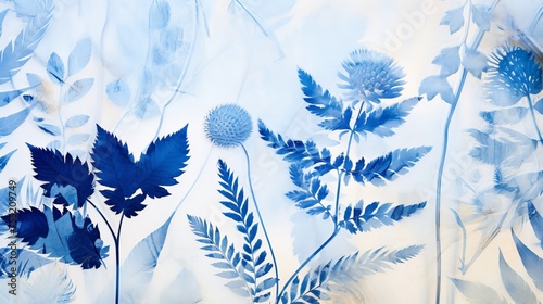 Leaves, petals, flowers, and ferns lie on watercolor paper covered with a special photosensitive liquid, creating stunning cyanotype prints through the sun-printing process.