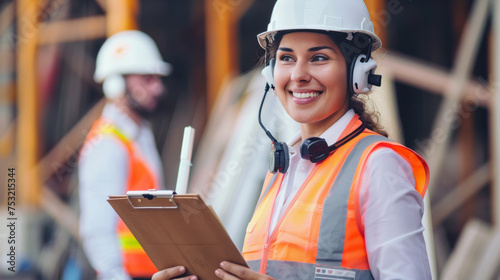 Smiling Female Engineer with Clipboard and Headset at Construction Site