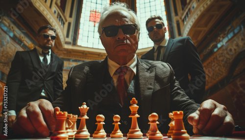 an elderly grandmaster plays chess at a tournament, checkmate.