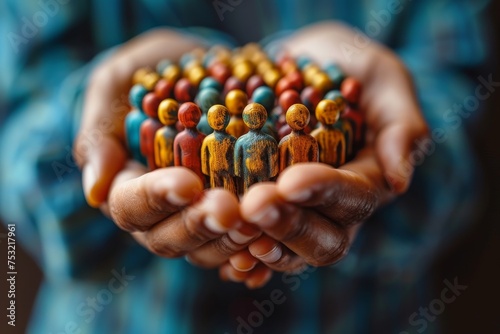 Multicolored wooden figures in hands, representing diversity and unity in human society