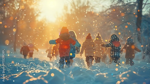  Winter Wonderland Frolic: Group of Children Delighting in Snowy Playtime, Creative Expression