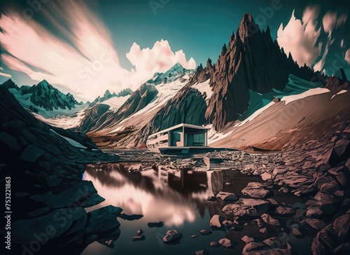 Mountain hut in the middle of the lake. 3d rendering. Generative AI.