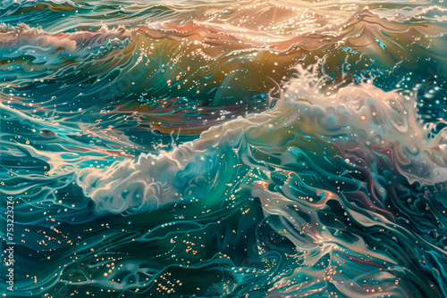 An ocean of abstract waves, each crest a different hue--turquoise, coral, and indigo.