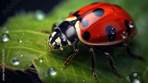 Beautiful ladybug on green leaf with dew drops close up. Wildlife Concept with Copy Space. 