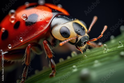 Close up of ladybug on green leaf. Nature background. Macro. Wildlife Concept with Copy Space. 