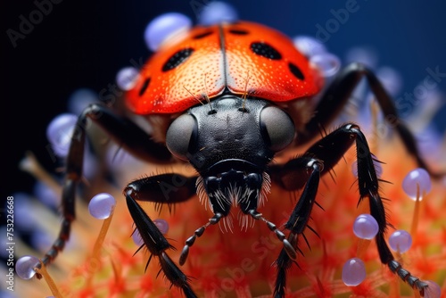 Close up of ladybug on a flower. Macro. Wildlife Concept with Copy Space. 