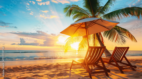 Exotic vacation. Bright sun through the palm tree in the last minutes before sunset. Two lounger chairs with umbrella to enjoy the evening scenery on the sea. beach chairs 