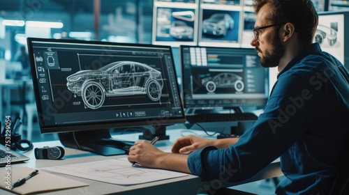 A man, wearing glasses, is working at a table in a building, designing a car using a computer. He focuses on the car's hood and automotive tires, making precise gestures for automotive lighting. AIG41
