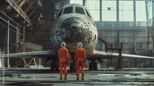 Two Men in Orange Suits Standing in Front of an Airplane. Generative AI