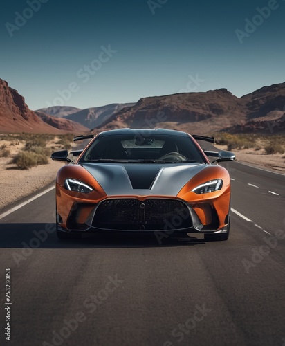sports car, orange, standing on the road among a desert landscape. Front view, Postcards, wallpapers, backgrounds, auto repair shop