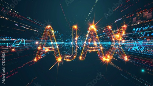 an illustration of Binary code streams shaping the letters AJAX with dynamic web elements. 