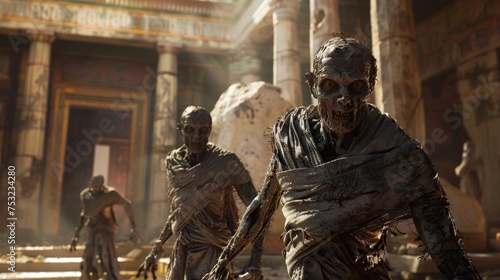 Zombies and Cyborg in Hellenistic Temple, To convey a sense of horror and supernatural danger in a gaming or movie setting