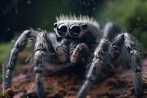 close up of a tarantula spider on the ground with blurred background. Wildlife Concept with Copy Space. 