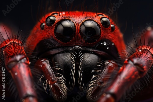Close up of a red tarantula spider on a black background. Wildlife Concept with Copy Space. 