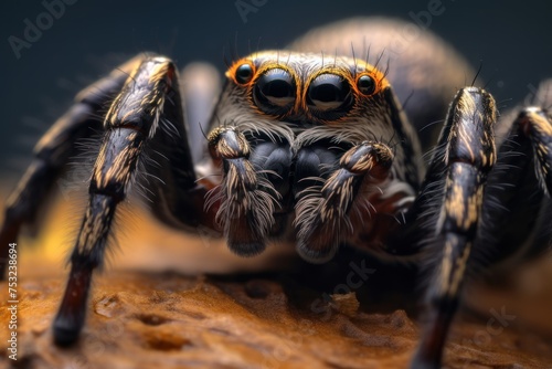 jumping spider macro close up black and orange color with dark background. Wildlife Concept with Copy Space. 
