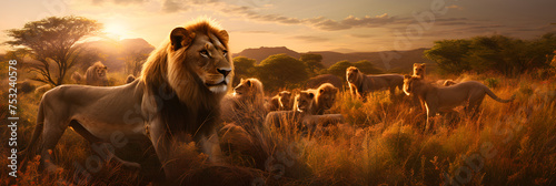 Majestic Lions Roaming the Grasslands: A Striking Depiction of Animal Kingdom's Regal Might during Sunset