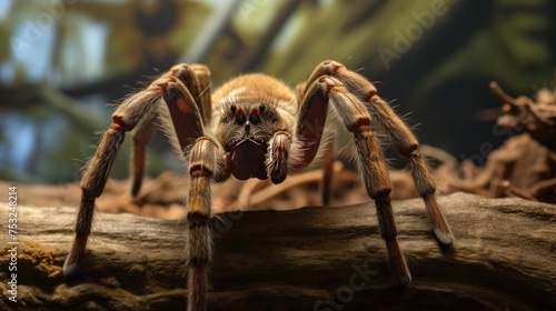 Tarantula spider close up on the background of the forest. Tarantula spider. Wildlife Concept with Copy Space. 