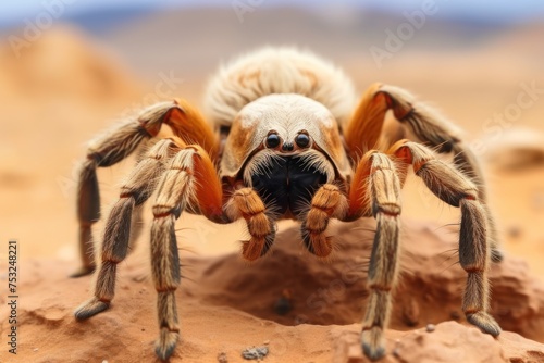 Close up of a tarantula spider on the ground. Tarantula spider. Wildlife Concept with Copy Space. 
