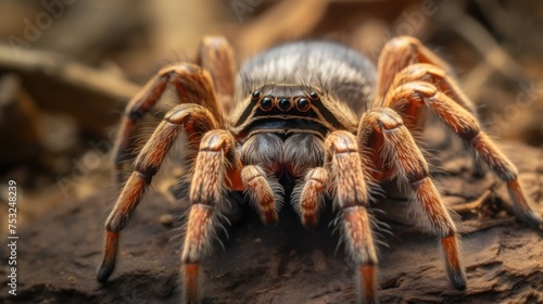 close up of tarantula spider on wood background. Tarantula spider. Wildlife Concept with Copy Space. 