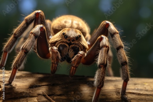 Close up of a tarantula spider on a wooden branch. Tarantula spider. Wildlife Concept with Copy Space. 