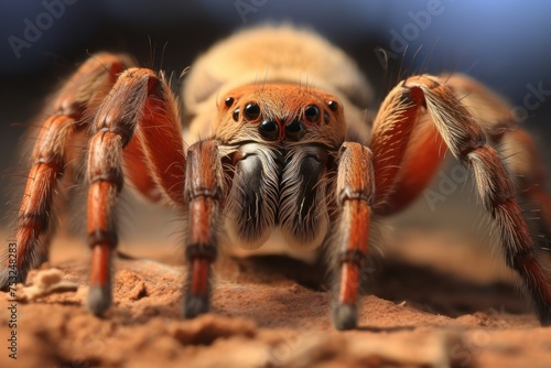 Tarantula spider close-up on dark background. Dangerous animal. Tarantula spider. Wildlife Concept with Copy Space. 