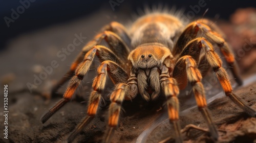 Tarantula spider close up on sand background. Dangerous animal. Tarantula spider. Wildlife Concept with Copy Space. 