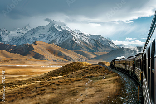 Scenic view with train and snowy mountains