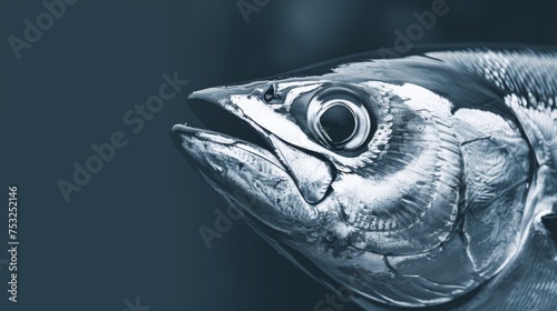  a close up of a fish with a black and white photo of it's eyes and a blurry background.