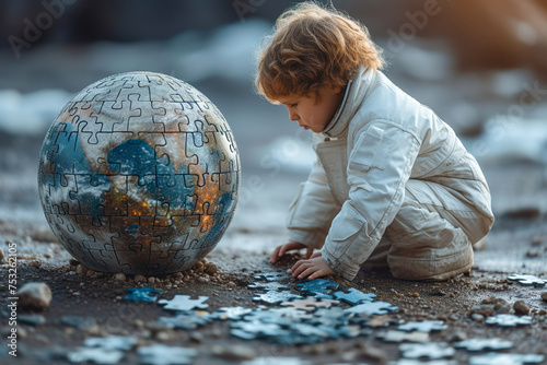 A little boy, imagines himself to be an astronaut and explores a globe made from puzzle pieces. In a different way, the unique world of the child is visible. World Autism Awareness Day concept.