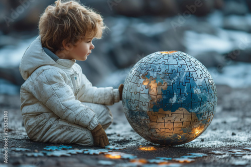 A little boy, imagines himself to be an astronaut and explores a globe made from puzzle pieces. In a different way, the unique world of the child is visible. World Autism Awareness Day concept.