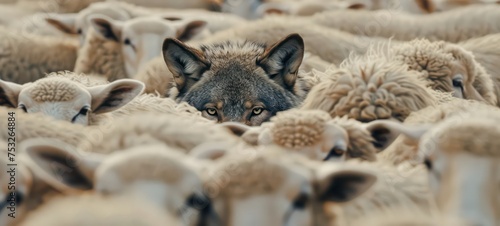 A wolf hiding among a flock of sheep, leading the way or waiting for the right moment to act