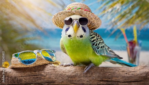 budgie in sunglasses and hat prepares for summer