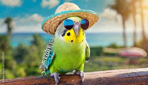 budgie in sunglasses and hat prepares for summer