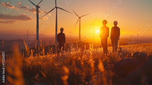 .Wind farm or wind park, with high wind turbines for generation electricity at a distance slightly blurred at dusk being observed by men and women in hard hats. Green energy concept. Generative ai