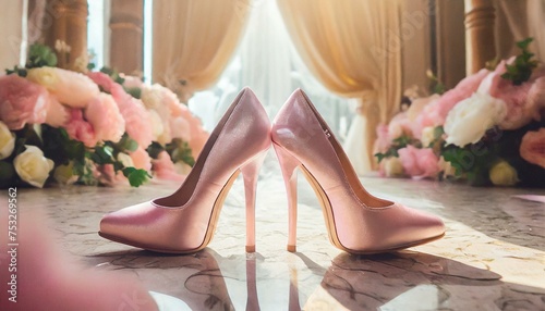 pink high-heeled wedding shoes 