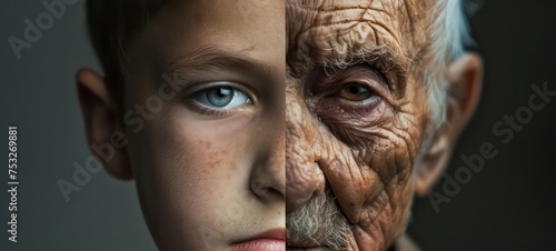 Face divided into two halves - one half of kid boy and half of old man