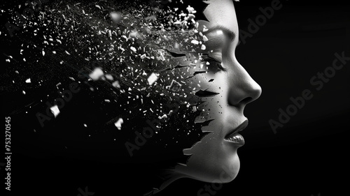 Side view of a woman's face dissolves into white particles that fly in the wind, isolated on a black background