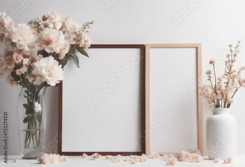 Two different width vertical wooden poster frames with decor elements and two vases with different dry flowers
