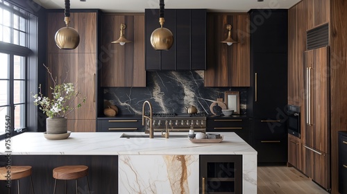 Elegant Modern Kitchen With Marble Island, Dark Wood Cabinets, and Brass Accents