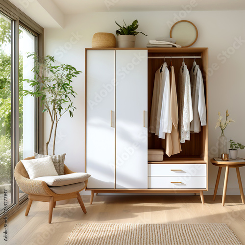 White wooden wardrobe with sliding doors in scandinavian style interior design of modern bedroom.