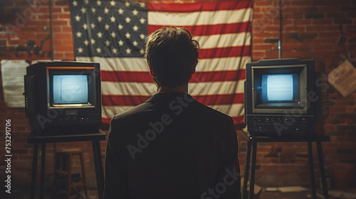 Political propaganda: Man watching two TV sets amidst American flag in humble interior, back view
