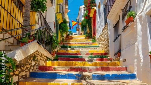 View of Calpe old town on sunny day. Stairs adorned with colors of Spanish flag, Calpe, Alicante province, Valencian Community, Spain