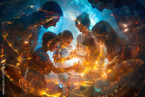 a blended family with a soft digital overlay that connects each member, glowing brightly where hands are held or shoulders touch.