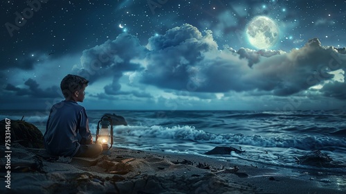 A young boy is sitting on a sandy beach at night, holding an illuminated lantern. He faces away from the viewer, looking towards a turbulent sea under a night sky filled with stars. The full moon shin