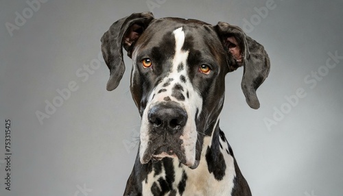 Studio headshot portrait of harlequin Great Dane looking forward against a light gray background 